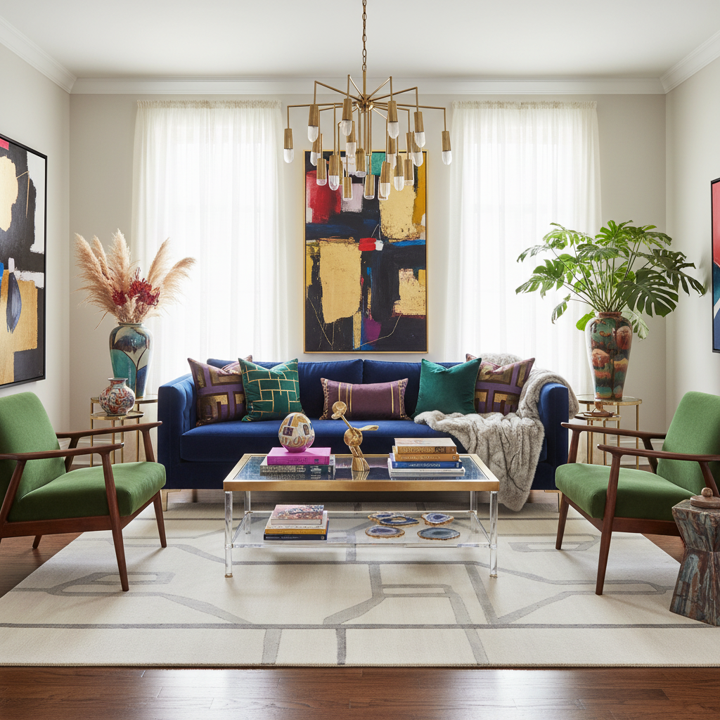 Modern living room with a blue sofa, green chairs, a contemporary wool rug, and abstract art on the walls.