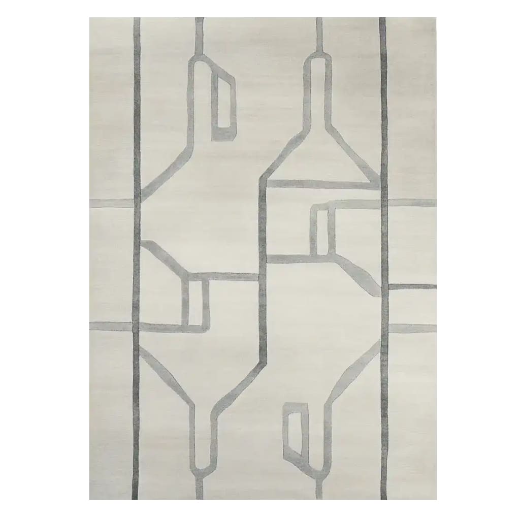 Top view of the Urban Trace Lines Hand Tufted Rug, a contemporary wool area rug perfect for large living rooms. This elegant living room rug in 8x10 size features an abstract design with soft, neutral tones, adding a modern touch to any space.