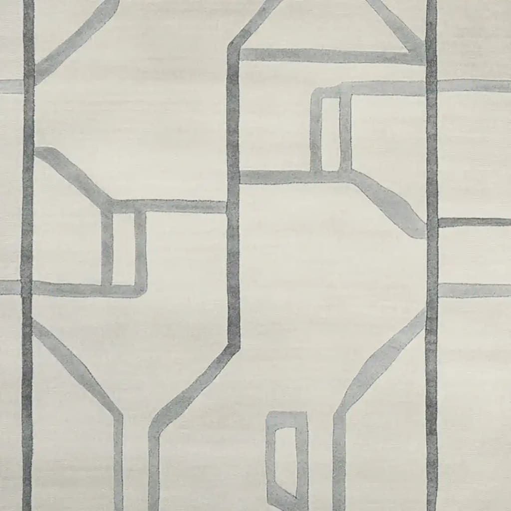 Close-up of the Urban Trace Lines Hand Tufted Area Rug, featuring a contemporary abstract design with geometric patterns in soft gray hues against a light background. Perfect for large living rooms, this wool rug adds a modern touch in an 8x10 size.