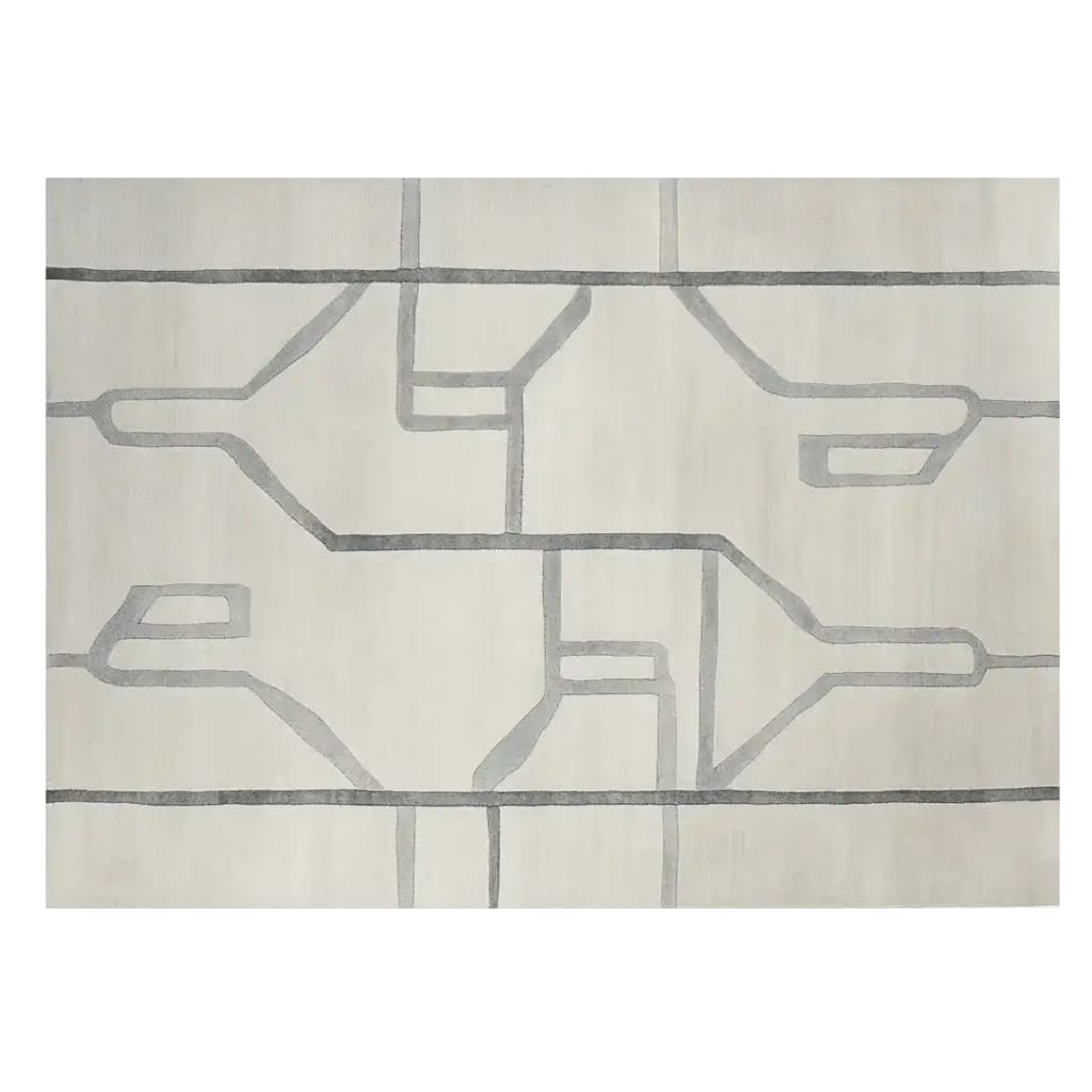 This Urban Trace Lines Hand Tufted Area Rug features a contemporary abstract design in soft gray tones on a cream background, perfect for large living room spaces. Ideal as an 8x10 wool rug, it adds a modern touch to any decor.