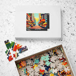 Urban Vibes 252-piece puzzle box beside open tray of mixed colorful and blank pieces