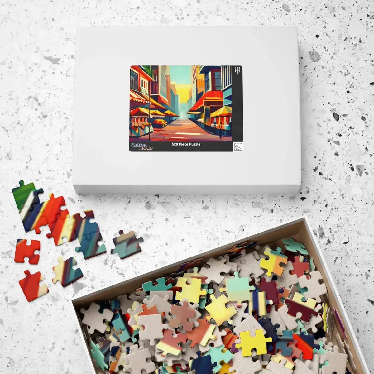 Urban Vibes 520-piece puzzle box and open tray filled with vivid jumbled pieces