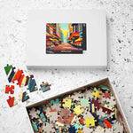 Urban Vibes 520-piece puzzle box and open tray filled with vivid jumbled pieces