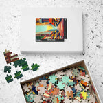 Urban Vibes 520-piece puzzle box beside open tray of scattered vivid pieces