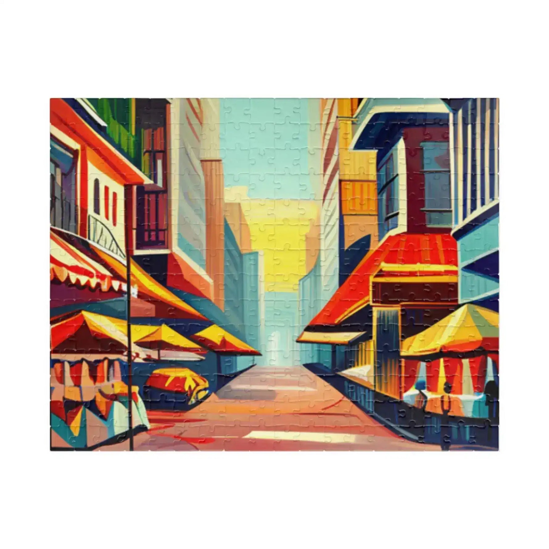 Urban Vibes city puzzle with visible piece grid, golden sky between cubist buildings and awnings