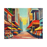 Urban Vibes puzzle, vibrant abstract cityscape with sunlit street, market awnings and colorful buildings