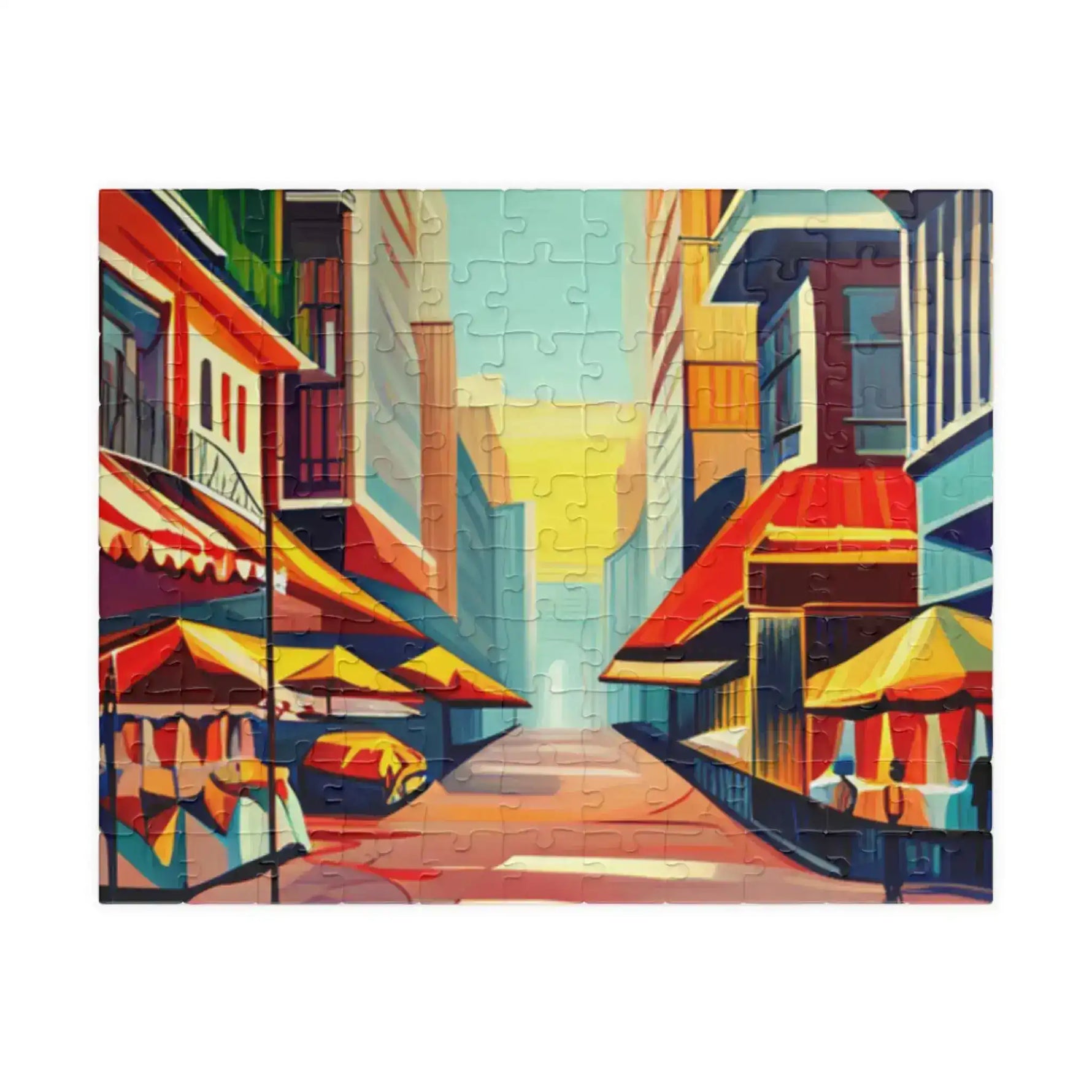 Urban Vibes puzzle, vibrant abstract cityscape with sunlit street, market awnings and colorful buildings