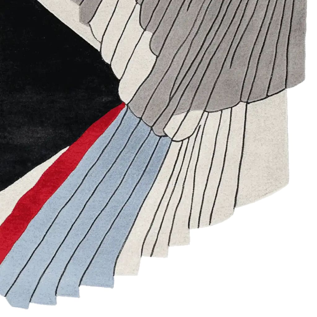 Stylish area rug featuring an abstract design with bold black, red, blue, and gray colors, perfect as a contemporary rug for modern living rooms. This hand-tufted wool rug showcases intricate detailing, enhancing the elegance of area rugs for the living room.