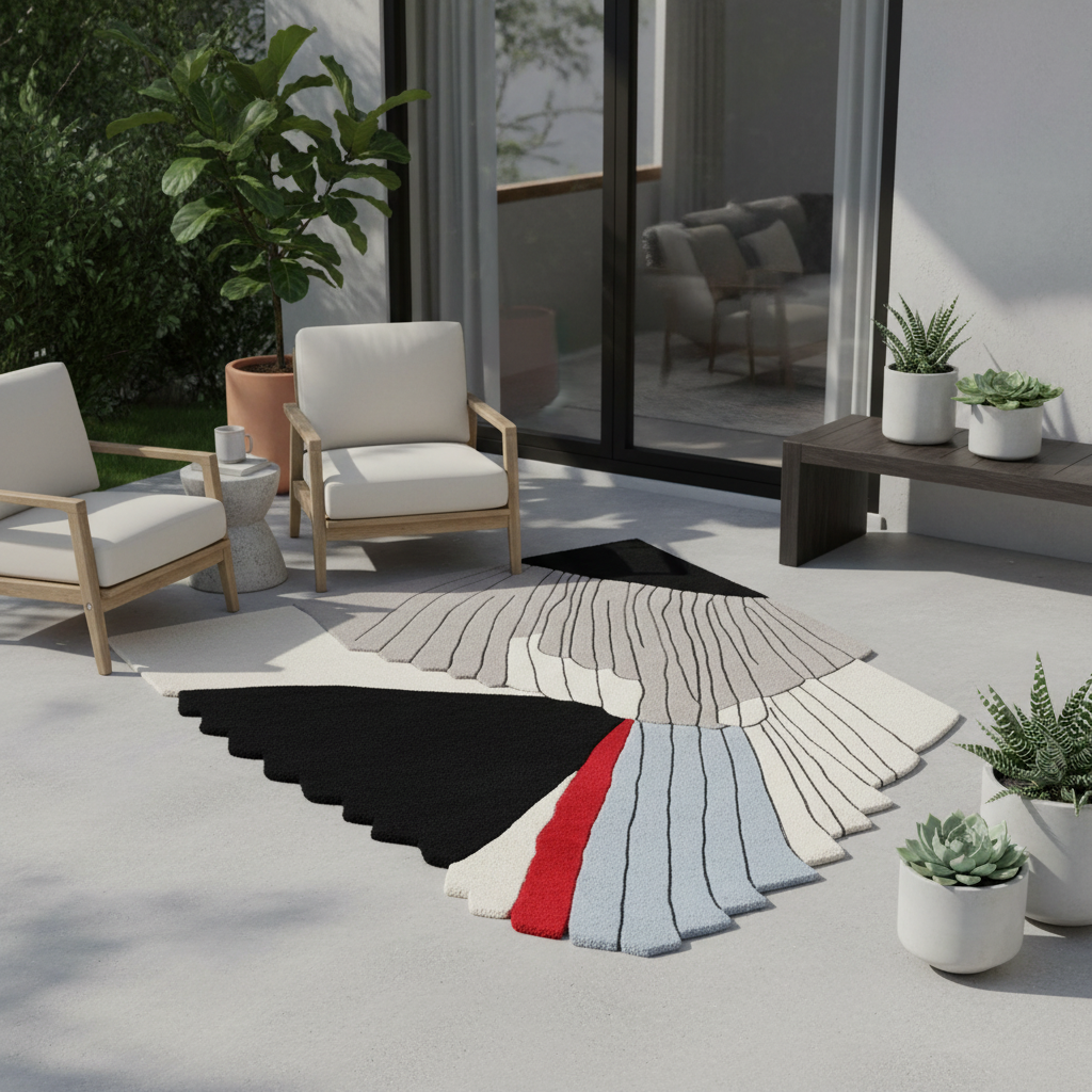 Color swatch of tufted wool rugs on a patio with chairs and plants