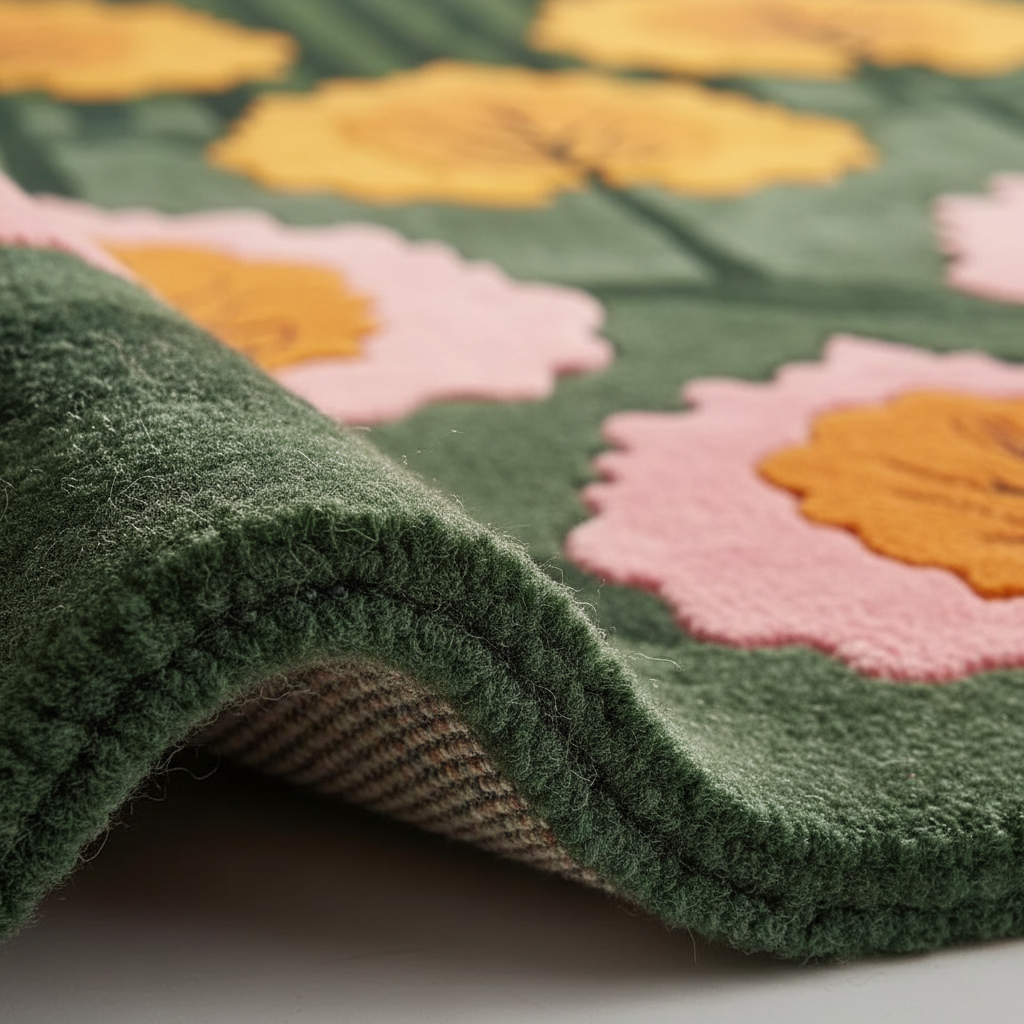 Close-up of a floral-patterned rug with green border
