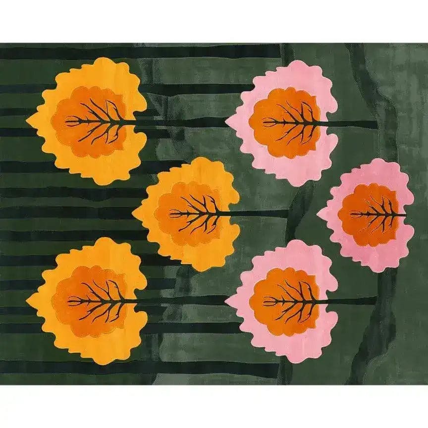 Vibrant Urban Woodland Hand Tufted Area Rug featuring abstract floral design with bold orange and pink blooms on a deep green background. This wool rug adds a contemporary touch to any living room space, perfect for those seeking stylish rugs for living room decor.
