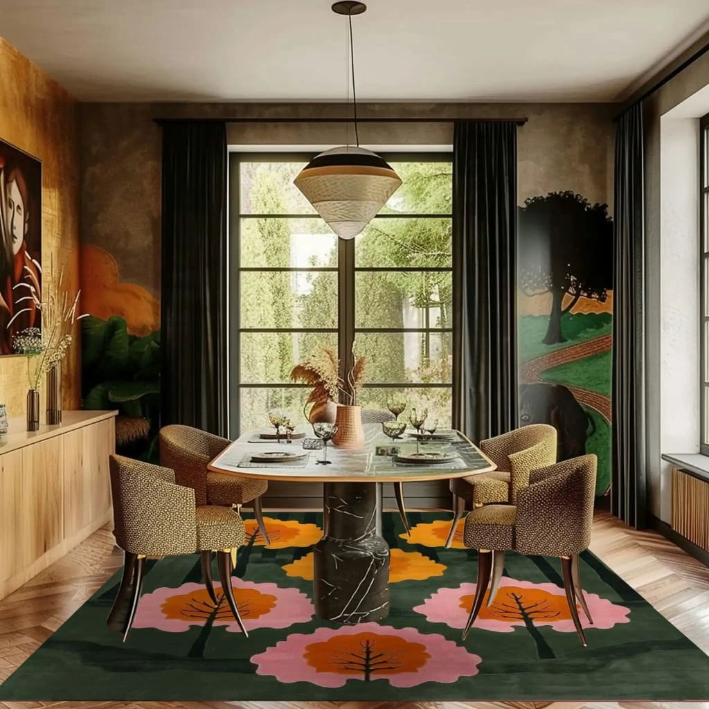 A stylish living room featuring an Urban Woodland Hand Tufted Wool Rug. This contemporary area rug showcases an abstract floral pattern with vibrant orange and pink blooms, perfect for adding a pop of color to your living room decor. Made from high-quality wool, this rug offers a luxurious feel underfoot, ideal for modern homes seeking both comfort and style.