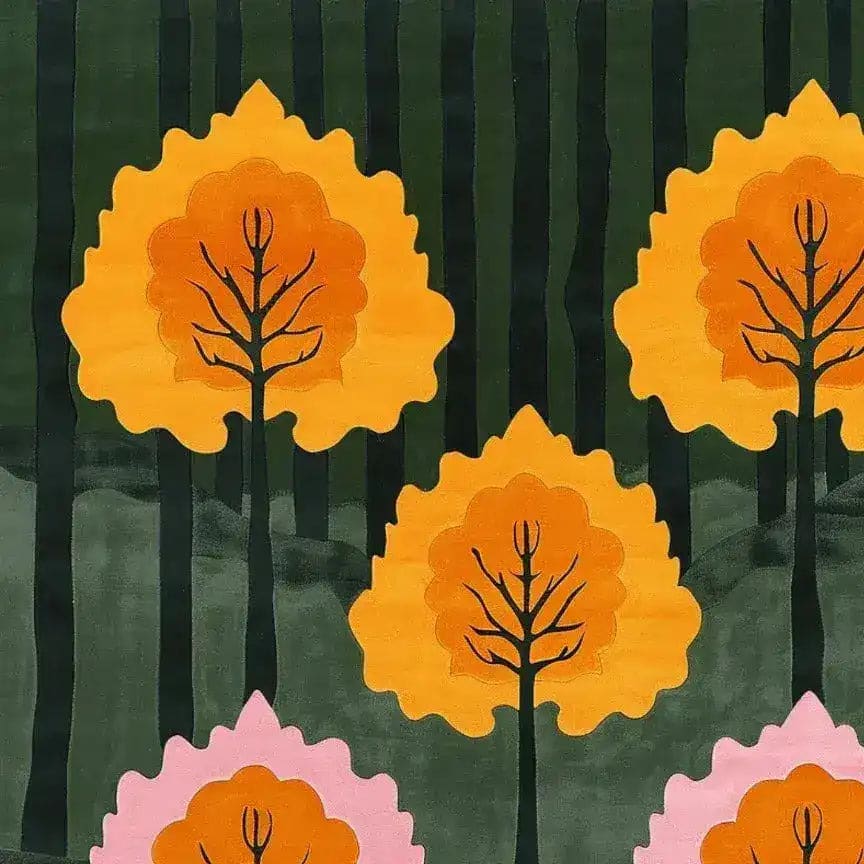 Vibrant Urban Woodland Hand Tufted Wool Rug featuring abstract tree patterns in orange and pink against a deep green background, perfect for adding a contemporary touch to your living room. This area rug combines modern design with the cozy feel of a wool rug, making it an ideal choice for rugs for living room.