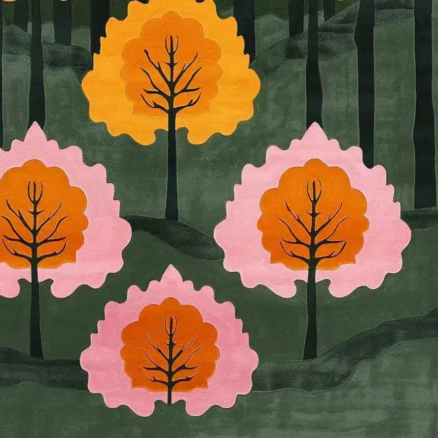 A vibrant area rug featuring an abstract woodland design with striking orange and pink trees set against a dark green background. This contemporary wool rug, perfect for a living room, adds a touch of modern elegance and warmth to any space.