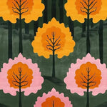 This vibrant area rug, perfect for living rooms, showcases a contemporary design with abstract trees in bold orange and pink shades against a dark green backdrop. Crafted from high-quality wool, this hand-tufted rug adds a touch of modern elegance to any space.