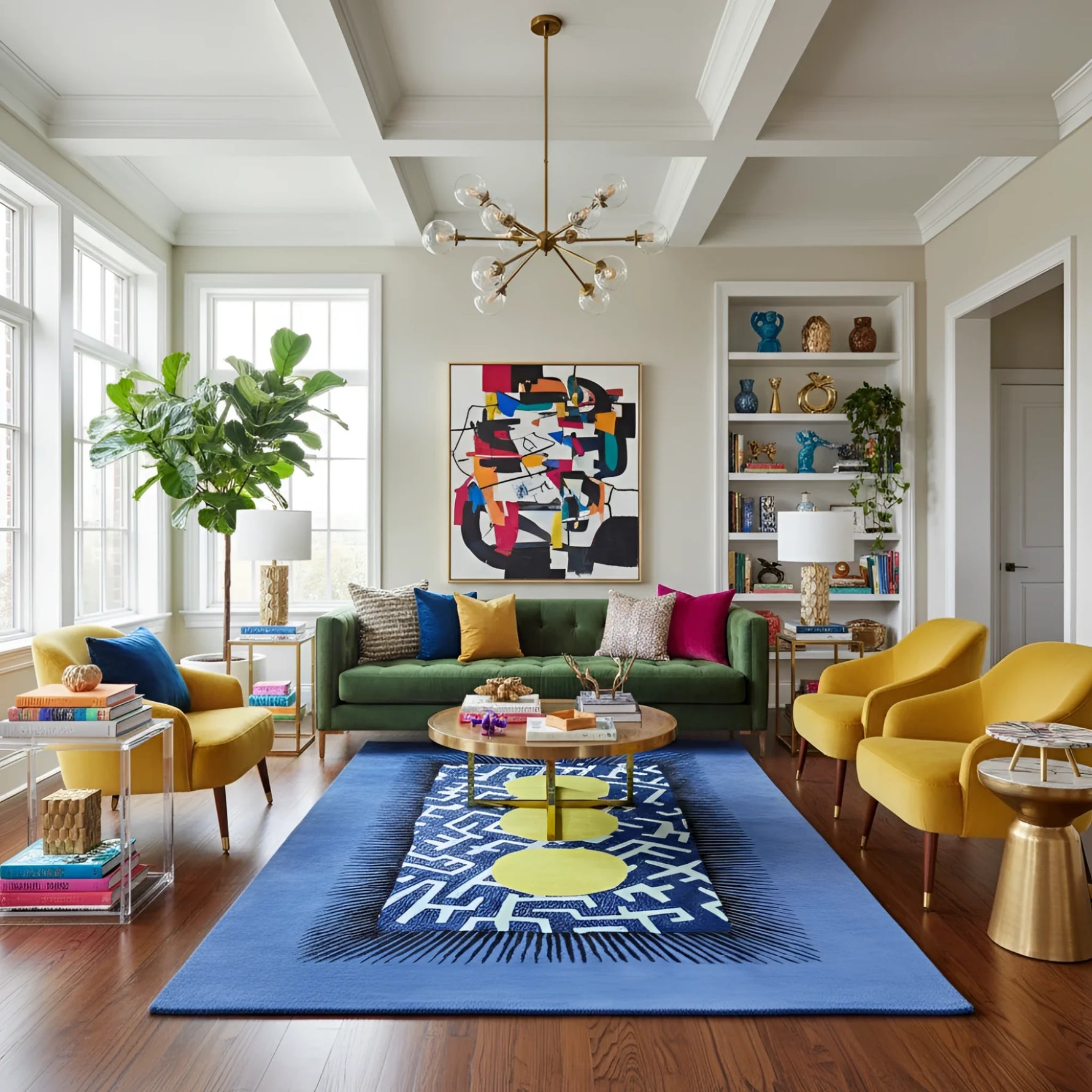 Modern living room with green sofa, yellow chairs, and a colorful rug.