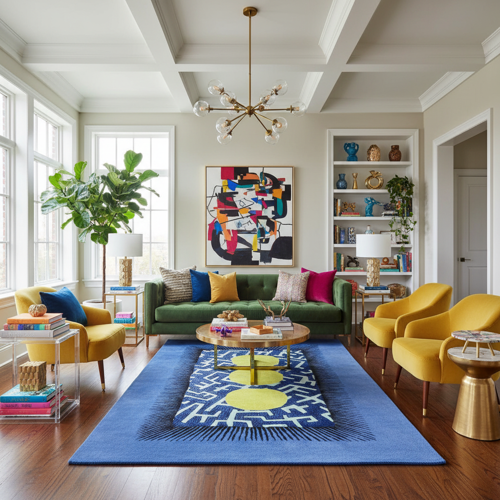 Modern living room with green sofa, yellow chairs, and a colorful rug.