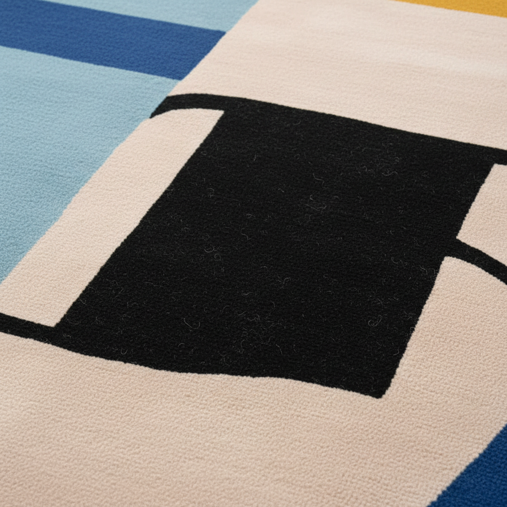 Close-up of a geometric-patterned rug with black, beige, and blue squares.