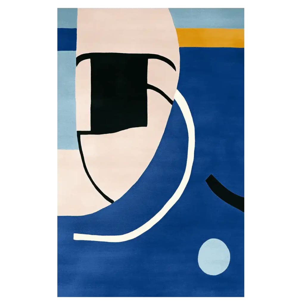 A vibrant area rug with an abstract design, featuring bold geometric shapes in black, white, and shades of blue. This contemporary wool rug is perfect for adding a modern touch to living room spaces, making it a standout piece among rugs for living room.