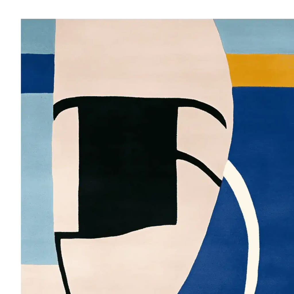 A contemporary hand tufted wool area rug featuring an abstract design with bold colors and shapes, perfect for adding a modern touch to living room area rugs.