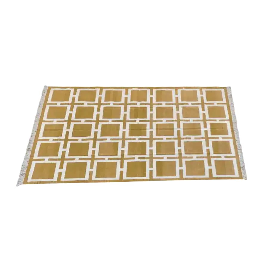 Top view of a Vegetable Dyed Indian Dhurrie Cotton Rug featuring a Medina Square design. This boho rug is perfect for adding a touch of elegance to your dining room or living room. The intricate pattern and natural fibers make it an ideal choice for formal dining room rugs or area rugs for living room spaces.