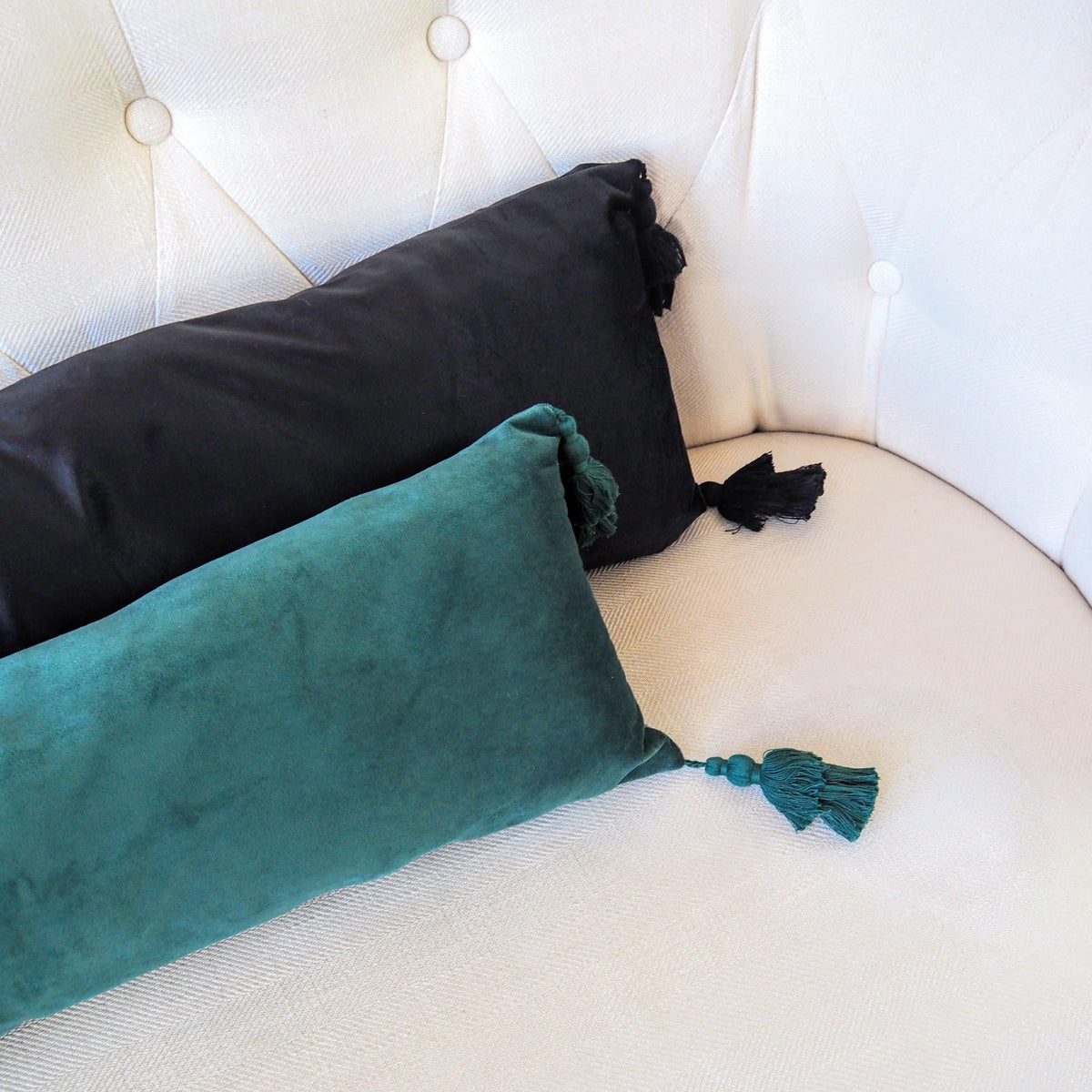 Velvet Lumbar Pillow with Tassels Green 11" x 49"