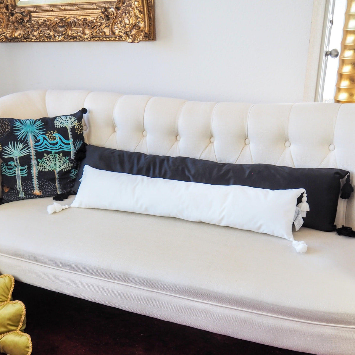 Velvet Lumbar Pillow with Tassels White 9" x 39"