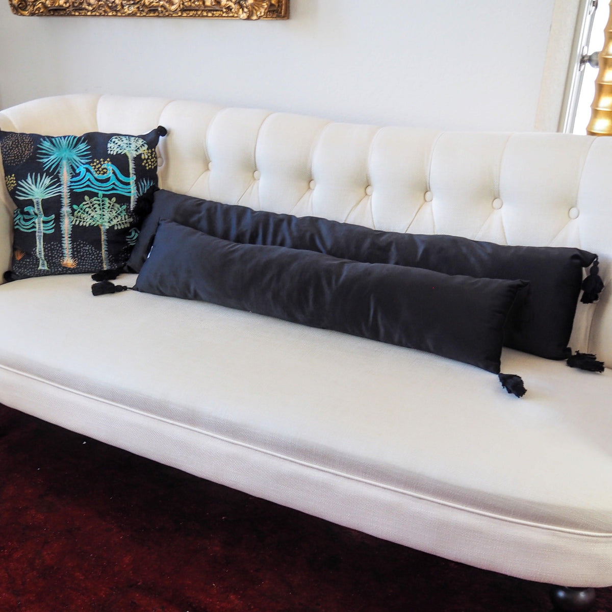 Velvet Lumbar Pillow with Tassels Black