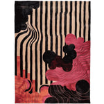 Velvet Rhythm Hand Tufted Rug featuring an abstract design with bold black stripes, flowing waves, and vibrant pink and red shapes. This contemporary area rug, perfect for living room decor, offers a striking visual appeal. Ideal for those seeking an 8x10 wool rug that combines modern art with cozy elegance.