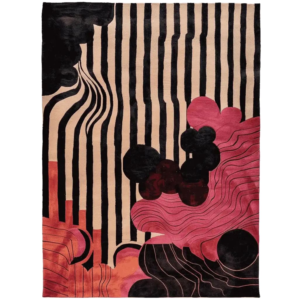 Velvet Rhythm Hand Tufted Rug featuring an abstract design with bold black stripes, flowing waves, and vibrant pink and red shapes. This contemporary area rug, perfect for living room decor, offers a striking visual appeal. Ideal for those seeking an 8x10 wool rug that combines modern art with cozy elegance.