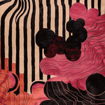 Velvet Rhythm Hand Tufted Rug showcasing an abstract design with bold black and beige stripes intertwined with rich pink and red swirls. This contemporary area rug, perfect for living rooms, is crafted from wool and measures 8x10, making it a striking centerpiece for any modern home decor.
