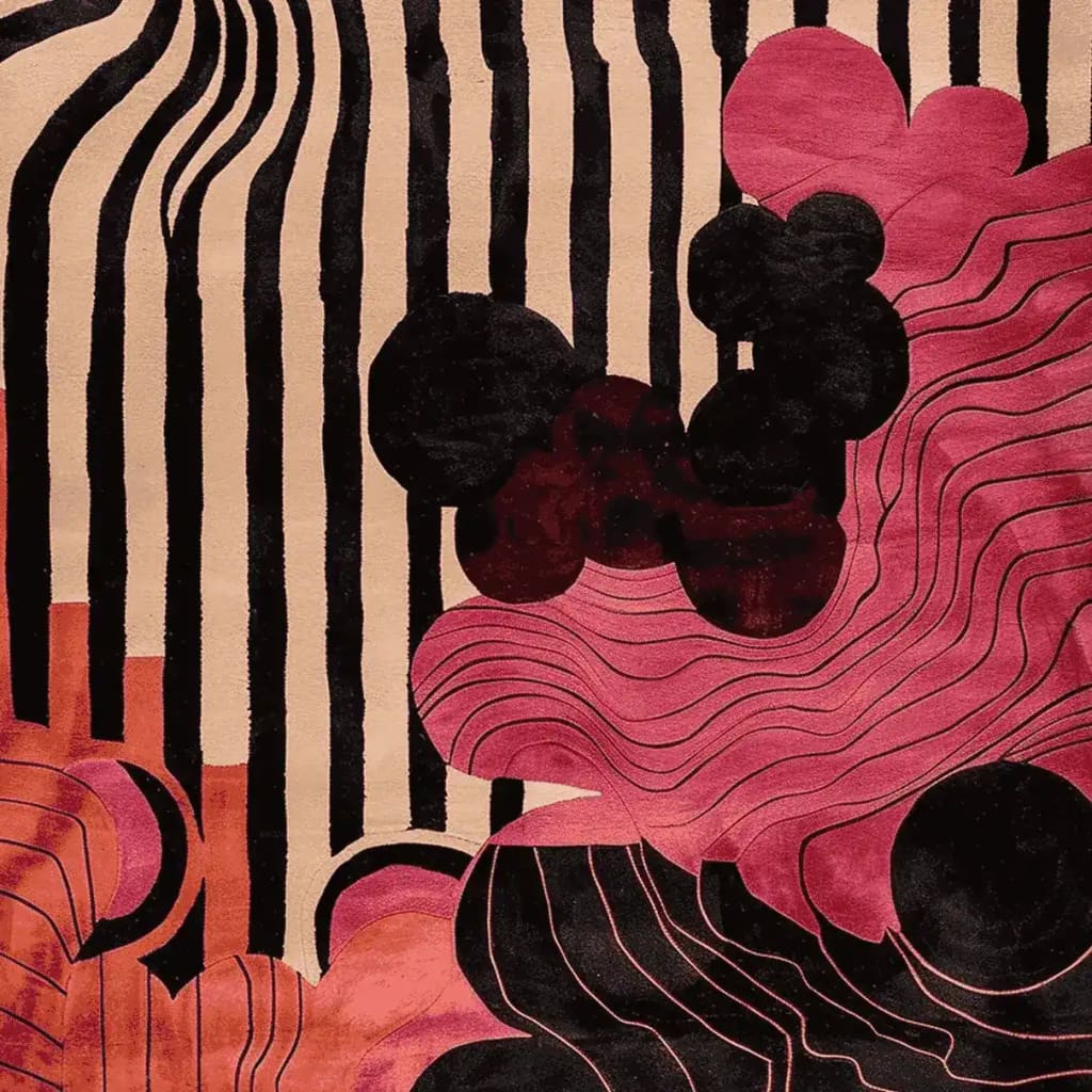 Velvet Rhythm Hand Tufted Rug showcasing an abstract design with bold black and beige stripes intertwined with rich pink and red swirls. This contemporary area rug, perfect for living rooms, is crafted from wool and measures 8x10, making it a striking centerpiece for any modern home decor.