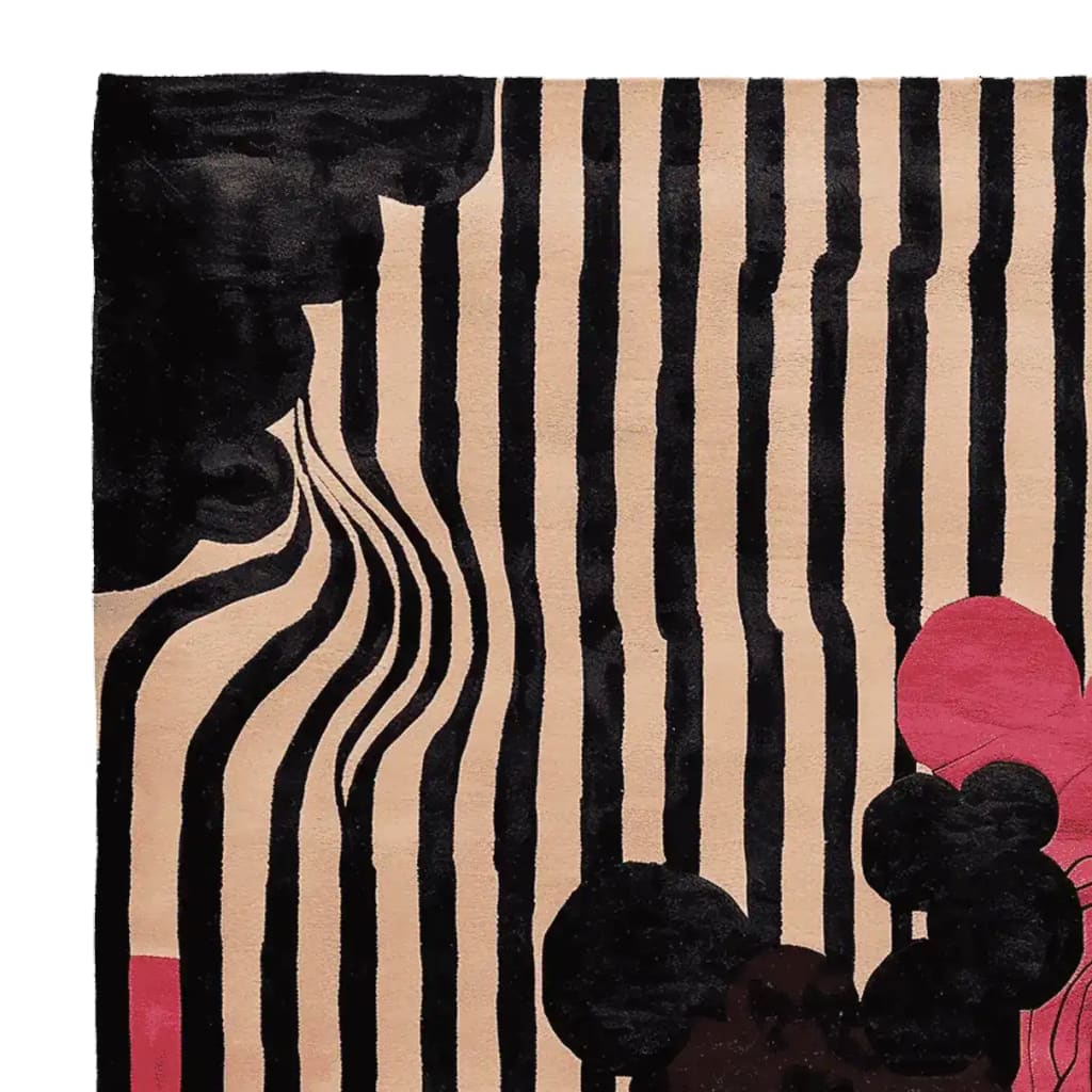 Contemporary Velvet Rhythm Hand Tufted Area Rug with abstract black stripes and bold pink and black circular patterns, ideal for living room rugs 8x10. This wool rug adds a modern touch to any decor.