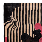 Contemporary Velvet Rhythm Hand Tufted Area Rug with abstract black stripes and bold pink and black circular patterns, ideal for living room rugs 8x10. This wool rug adds a modern touch to any decor.