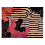 Vibrant Velvet Rhythm Hand Tufted Area Rug featuring a dynamic abstract design with bold black and beige stripes and swirling red and pink patterns, perfect for contemporary rugs in living rooms. This wool rug in an 8x10 size adds a modern touch to any space, making it an ideal choice for stylish living room rugs.