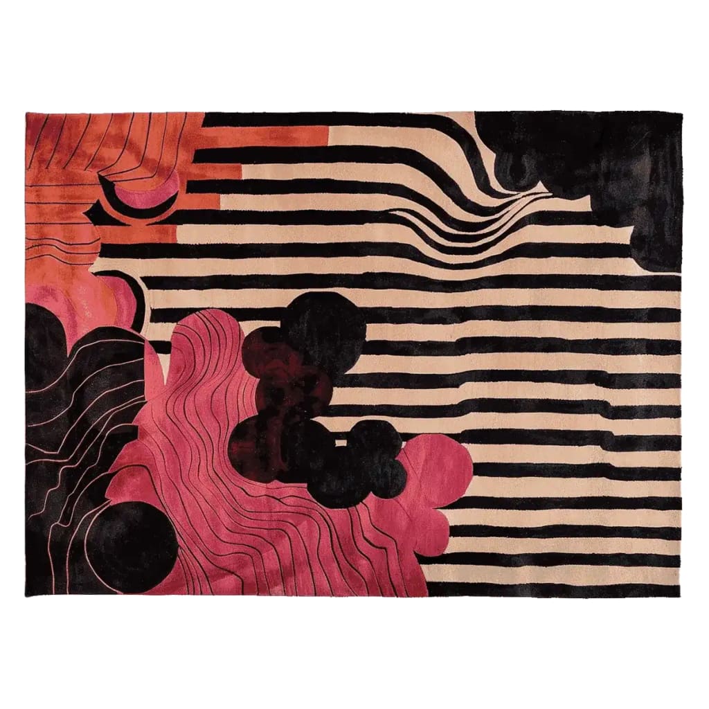 Vibrant Velvet Rhythm Hand Tufted Area Rug featuring a dynamic abstract design with bold black and beige stripes and swirling red and pink patterns, perfect for contemporary rugs in living rooms. This wool rug in an 8x10 size adds a modern touch to any space, making it an ideal choice for stylish living room rugs.