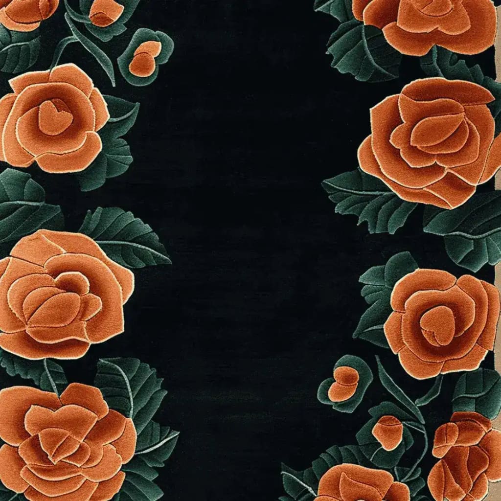 Elegant area rug with a hand-tufted design featuring vibrant orange roses and lush green leaves on a deep black background, perfect for enhancing living room decor. This floral wool rug adds a touch of sophistication to any space, ideal for those seeking unique living room area rugs.