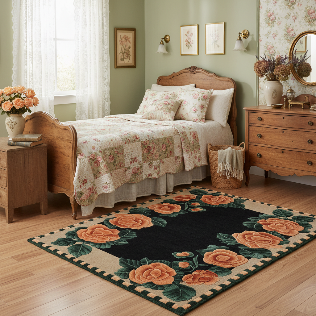 Bedroom with floral bedspread, dark florl rug, and wooden furniture.