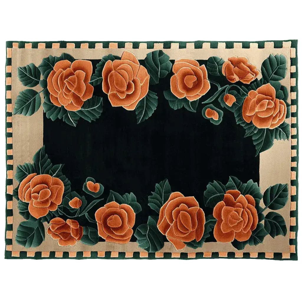 Elegant Velvet Rose Frame Hand Tufted Area Rug featuring a floral design with vibrant orange roses and lush green leaves on a dark backdrop. Ideal for adding a touch of sophistication to living room spaces, this wool rug combines style and comfort, making it a perfect choice for those seeking rugs for living room or a floral rug centerpiece.