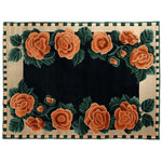 Elegant Velvet Rose Frame Hand Tufted Area Rug featuring a floral design with vibrant orange roses and lush green leaves on a dark backdrop. Ideal for adding a touch of sophistication to living room spaces, this wool rug combines style and comfort, making it a perfect choice for those seeking rugs for living room or a floral rug centerpiece.