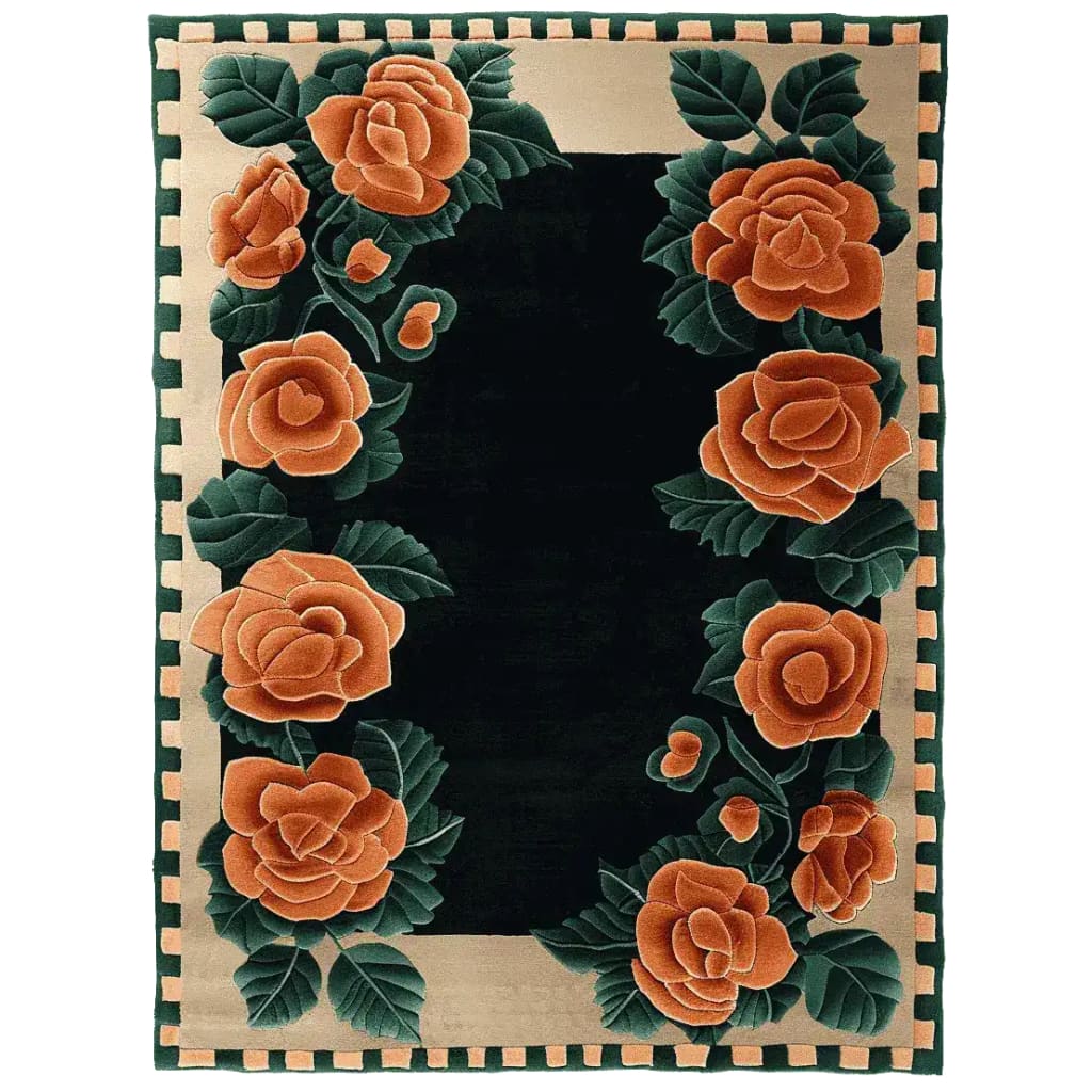 A beautifully designed Velvet Rose Frame Hand Tufted Area Rug featuring vibrant orange floral patterns with lush green leaves, perfect as rugs for living room. This exquisite wool rug enhances any living room area with its elegant and colorful design.