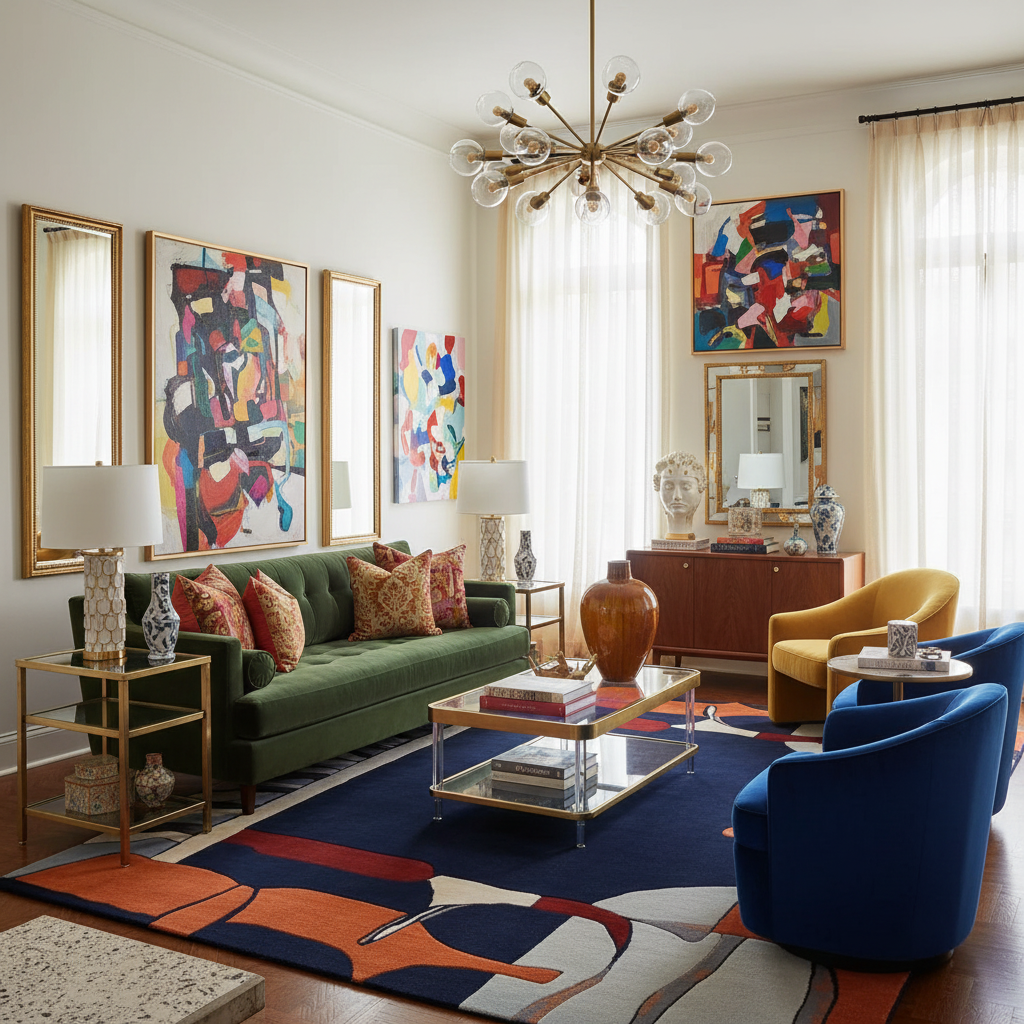 Modern living room with colorful decor, including a green sofa, blue chairs, an abstract wool rug, and abstract art.