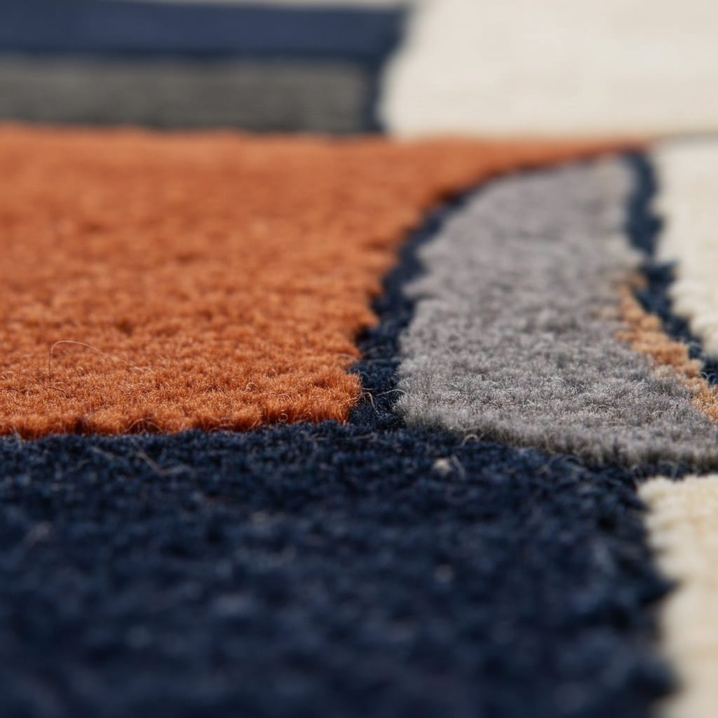 Close-up of a textured rug with orange, gray, and navy colors.