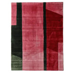 Top view of a contemporary Velvet Stripe Tension Hand Tufted Area Rug, featuring bold red and black stripes with a touch of green, perfect for adding a modern touch to living room decor. This wool rug exemplifies stylish area rugs for living rooms.