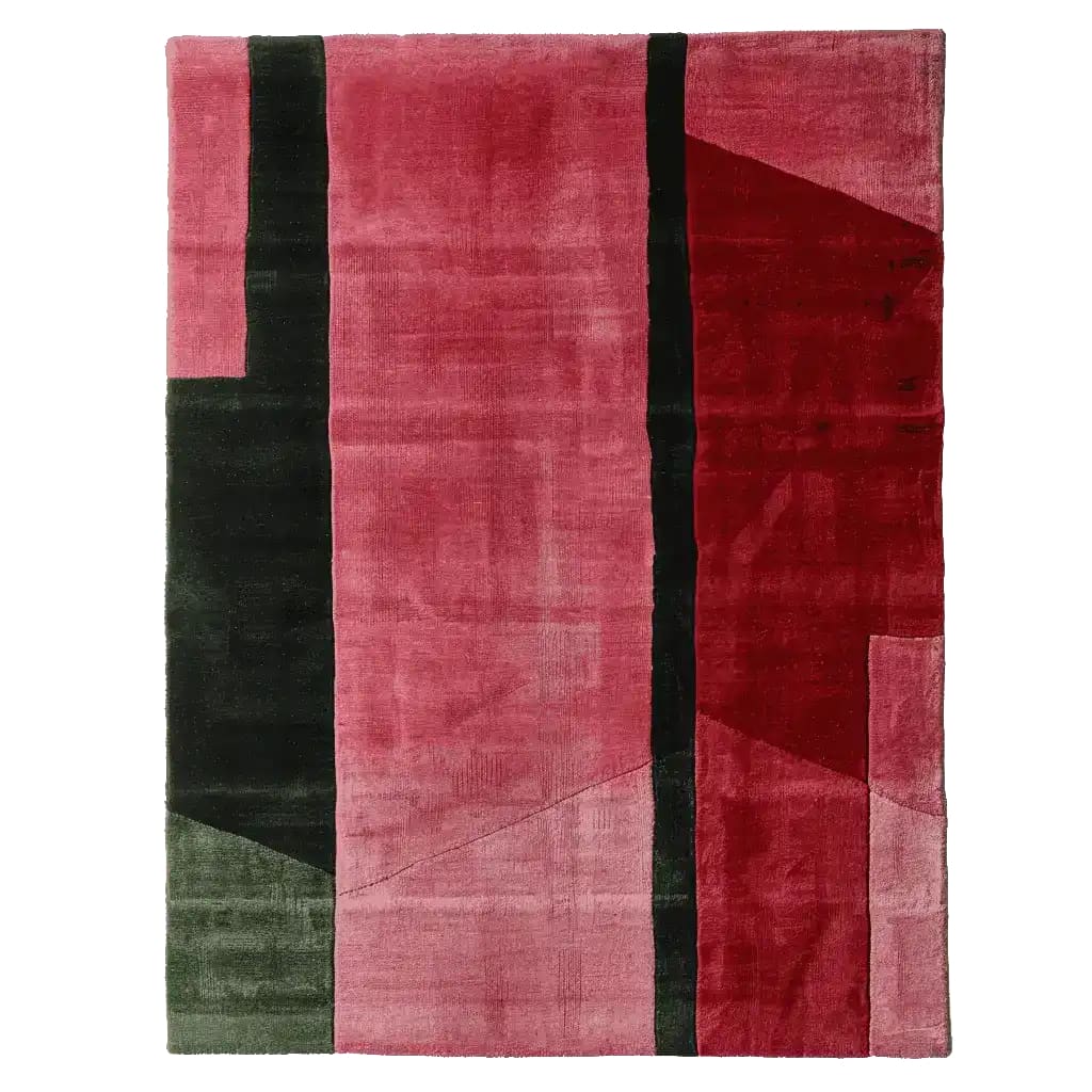 Top view of a contemporary Velvet Stripe Tension Hand Tufted Area Rug, featuring bold red and black stripes with a touch of green, perfect for adding a modern touch to living room decor. This wool rug exemplifies stylish area rugs for living rooms.