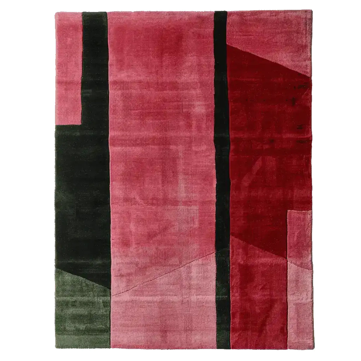 Top view of a contemporary Velvet Stripe Tension Hand Tufted Area Rug, featuring bold red and black stripes with a touch of green, perfect for adding a modern touch to living room decor. This wool rug exemplifies stylish area rugs for living rooms.