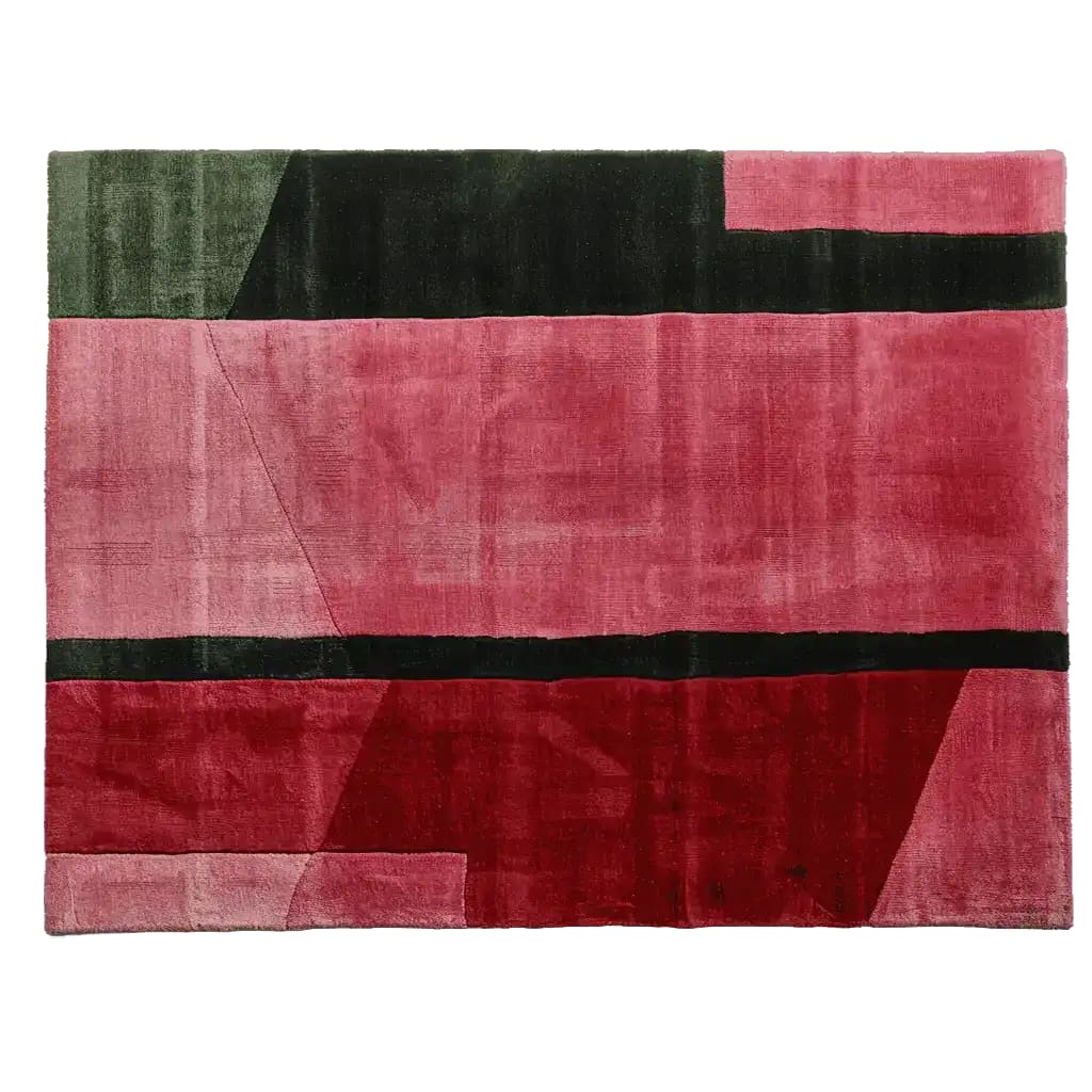 This contemporary area rug features bold geometric patterns in rich shades of red and black, perfect for adding a touch of modern elegance to your living room. The hand-tufted wool texture of this rug offers both comfort and style, making it an ideal choice for area rugs for living rooms.