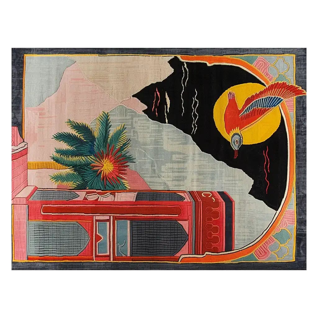 Stylish area rug featuring a vibrant abstract design with a bird and tropical foliage, perfect for adding a splash of color to your living room. This hand-tufted wool rug combines artistic flair with comfort, making it an ideal choice for modern home decor.