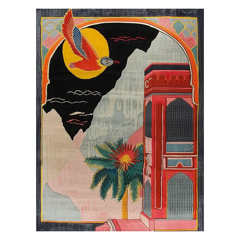 The Verdant Archway Enclave Hand Tufted Wool Rug showcases a vibrant and artistic design, perfect for adding a bold touch to your living room. This area rug features a colorful abstract scene with a flying bird, sun, and intricate architectural details, crafted from high-quality wool.