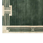 Elegant Verdant Citade Hand Tufted Wool Rug featuring a contemporary geometric design in deep green and cream tones. Perfect for large living room spaces, this area rug combines modern style with the luxurious texture of wool.